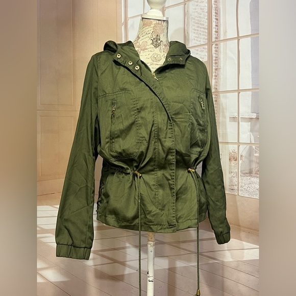 🛍️THERAPY Olive green cinch waist full zip jacket size L.‎ - Picture 2 of 13